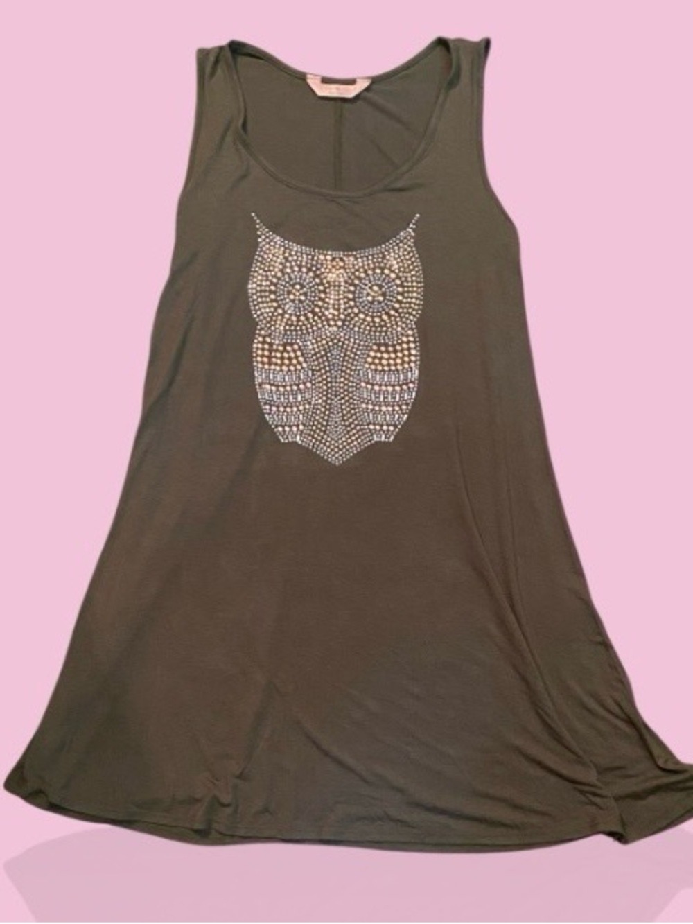 SJS Olive Green Sleeveless Dress with Rhinestone Owl Accent - Picture 5 of 6